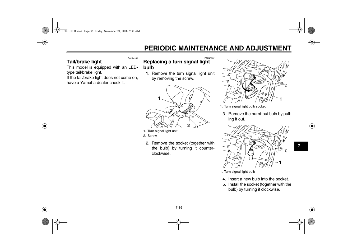 Tail/brake light -36 replacing a turn signal light, Bulb -36, Periodic maintenance and adjustment | Yamaha YZFR1Y(C) User Manual | Page 91 / 122