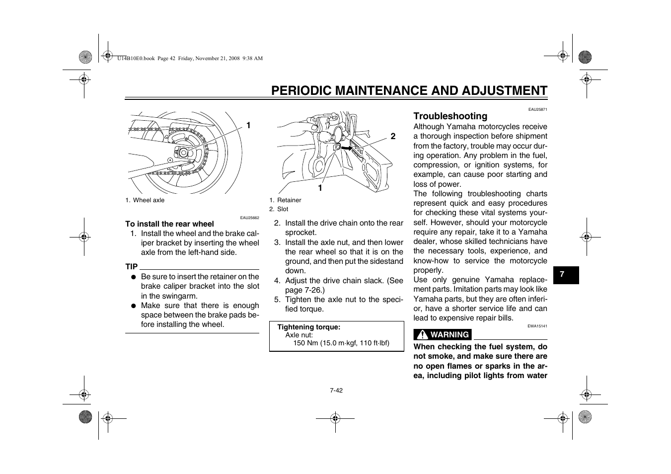 Troubleshooting -42, Periodic maintenance and adjustment | Yamaha YZFR1Y(C) User Manual | Page 97 / 122