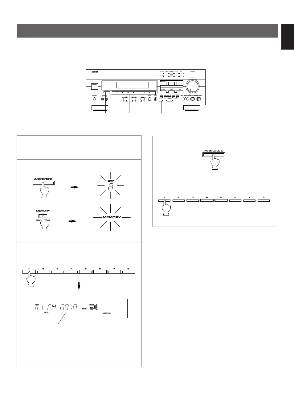 Preset tuning, Manual preset tuning, English | Select the group of preset stations, Flashes on and off for about 5 seconds, Aon b off, Man'l/auto fm, Auto/man’l mono | Yamaha RX-V300K User Manual | Page 25 / 38