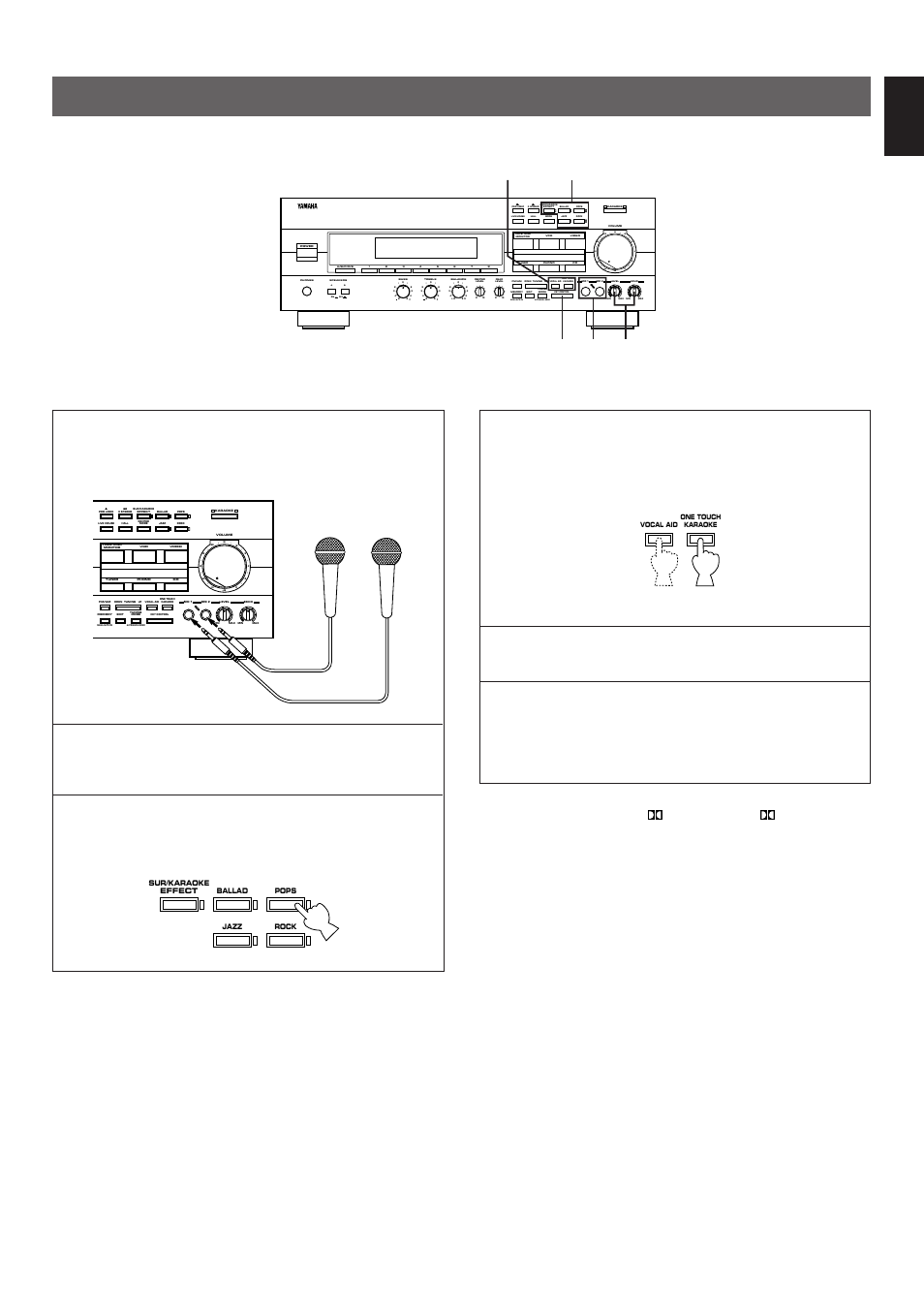 Enjoying karaoke, English, Begin singing karaoke | Aon b off, Man'l/auto fm, Auto/man’l mono, Microphone(s) | Yamaha RX-V300K User Manual | Page 31 / 38