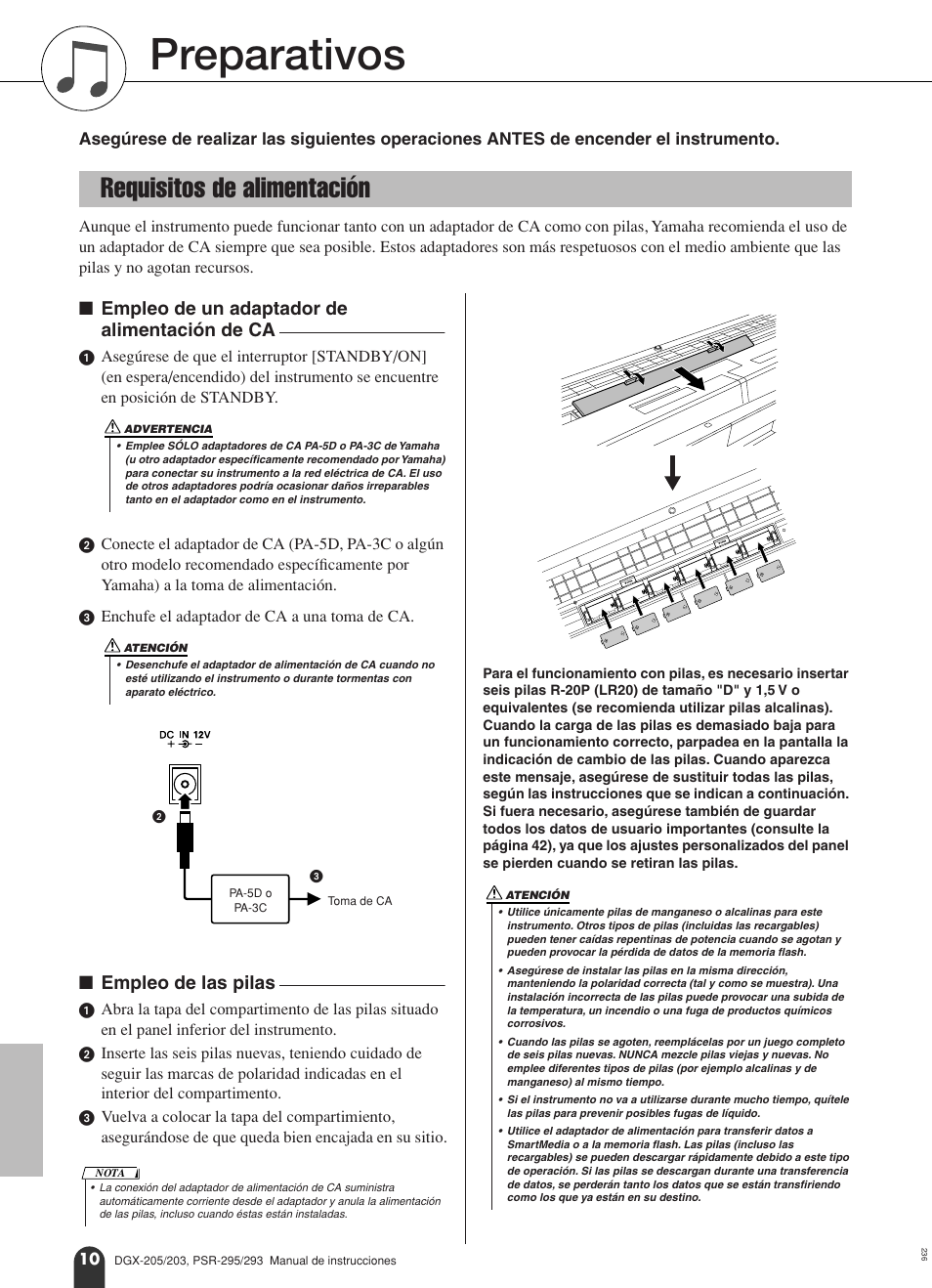 Preparativos, Requisitos de alimentación, Empleo de un adaptador de alimentación de ca | Empleo de las pilas | Yamaha Portable Grand PSR-295 User Manual | Page 10 / 98