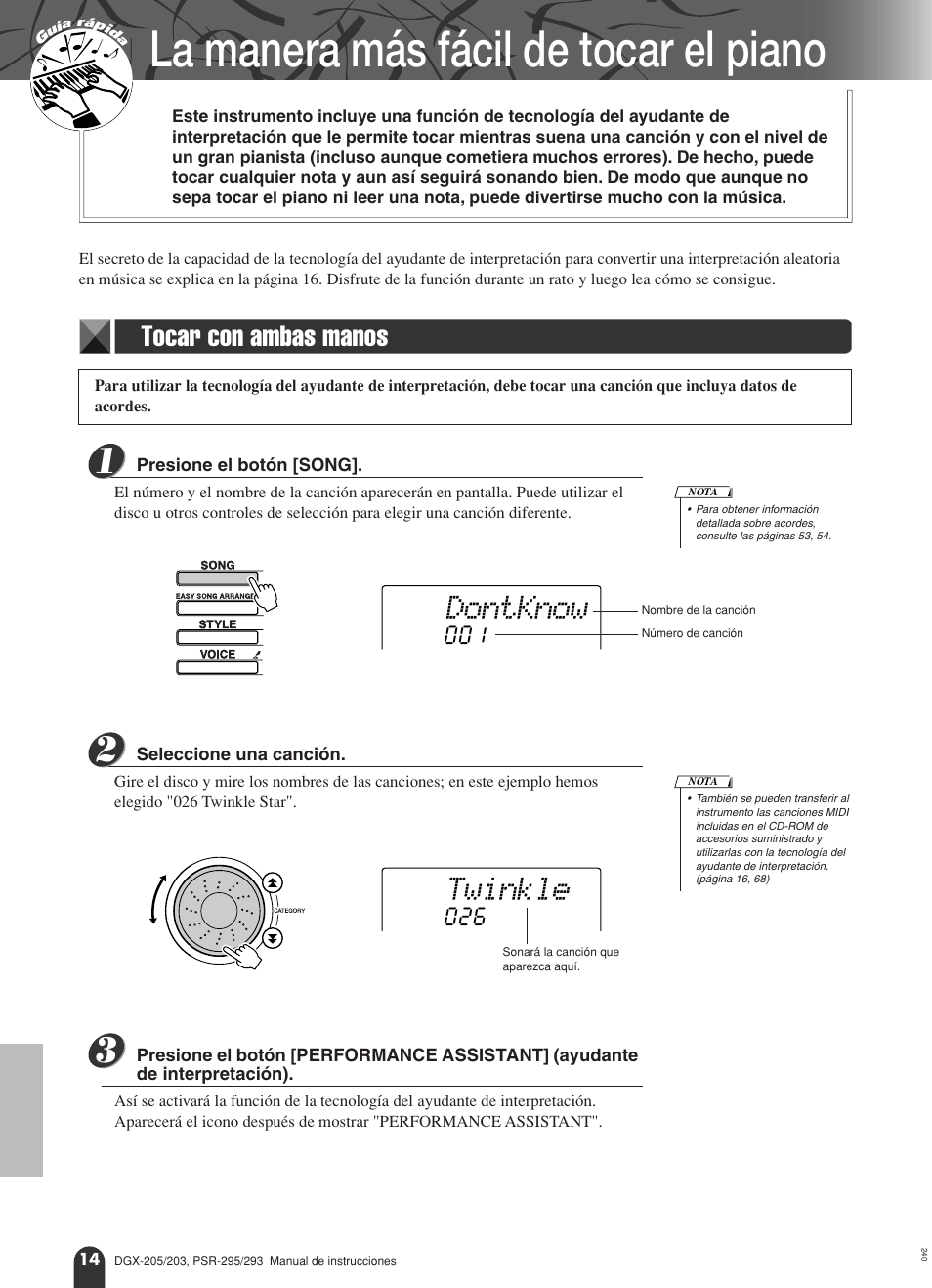Guía rápida, La manera más fácil de tocar el piano, Tocar con ambas manos | Dontknow, Twinkle | Yamaha Portable Grand PSR-295 User Manual | Page 14 / 98