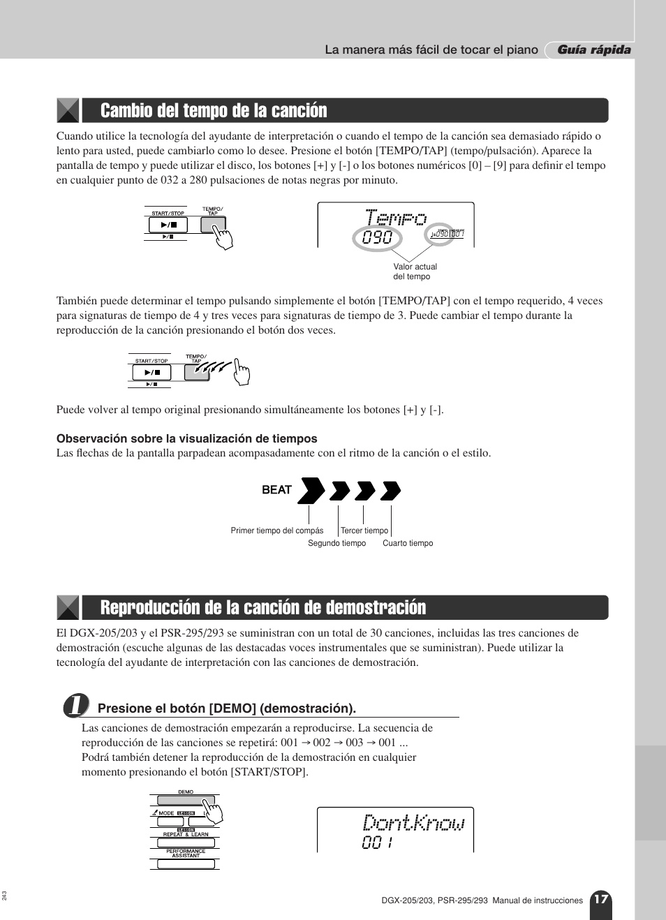 Tempo, Dontknow, Cambio del tempo de la canción | Reproducción de la canción de demostración | Yamaha Portable Grand PSR-295 User Manual | Page 17 / 98