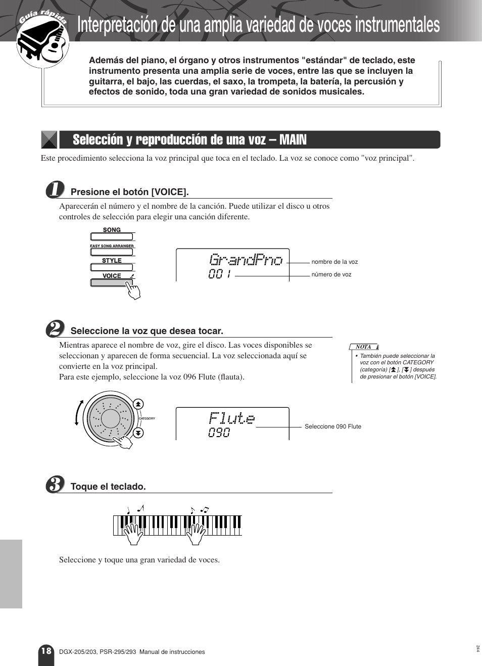 Interpretación de una amplia variedad de voces, Instrumentales, Selección y reproducción de una voz – main | Grandpno, Flute | Yamaha Portable Grand PSR-295 User Manual | Page 18 / 98