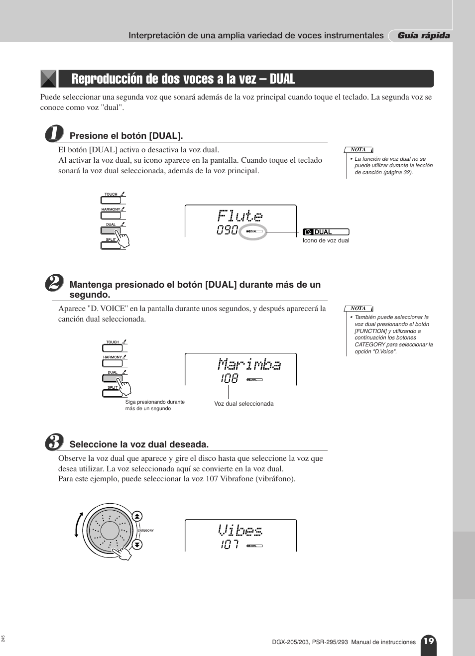 Reproducción de dos voces a la vez – dual, Flute, Marimba | Vibes | Yamaha Portable Grand PSR-295 User Manual | Page 19 / 98