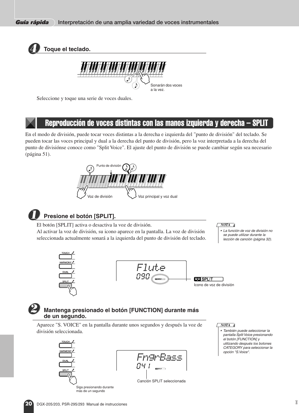 Reproducción de voces distintas con las manos, Izquierda y derecha – split, Flute | Fngrbass | Yamaha Portable Grand PSR-295 User Manual | Page 20 / 98