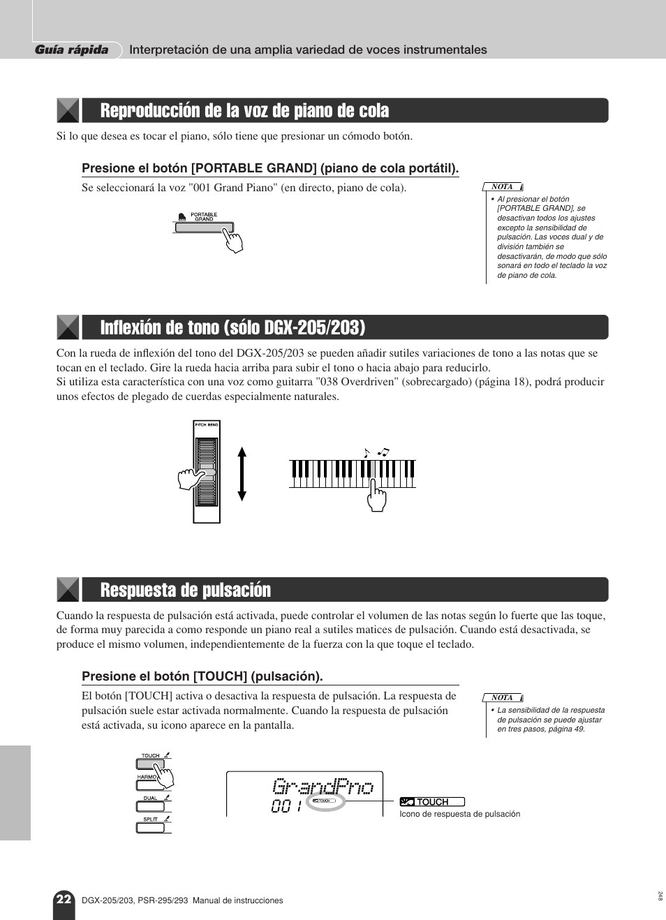 Grandpno, Reproducción de la voz de piano de cola | Yamaha Portable Grand PSR-295 User Manual | Page 22 / 98