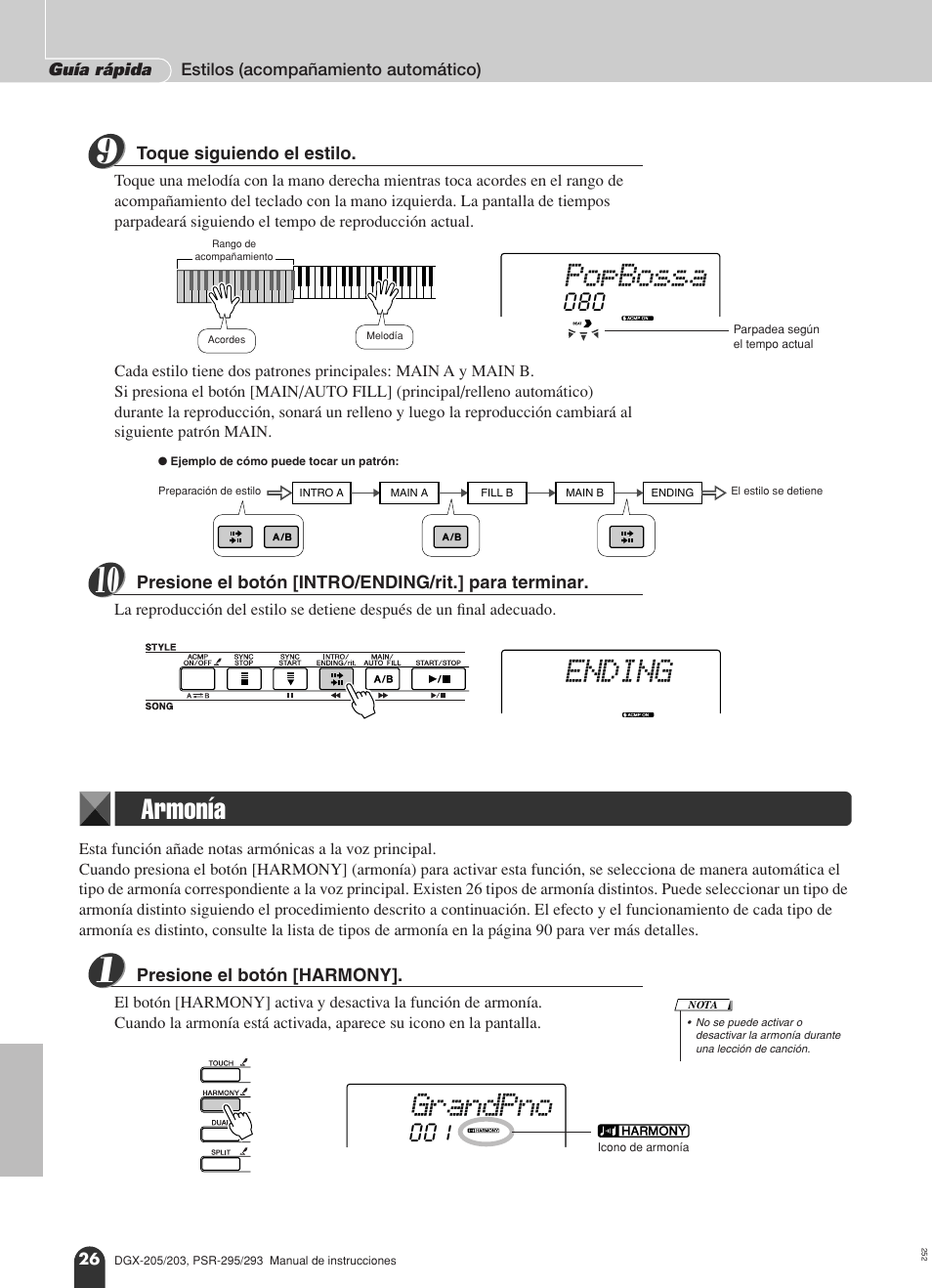 Armonía, Popbossa, Ending | Grandpno | Yamaha Portable Grand PSR-295 User Manual | Page 26 / 98