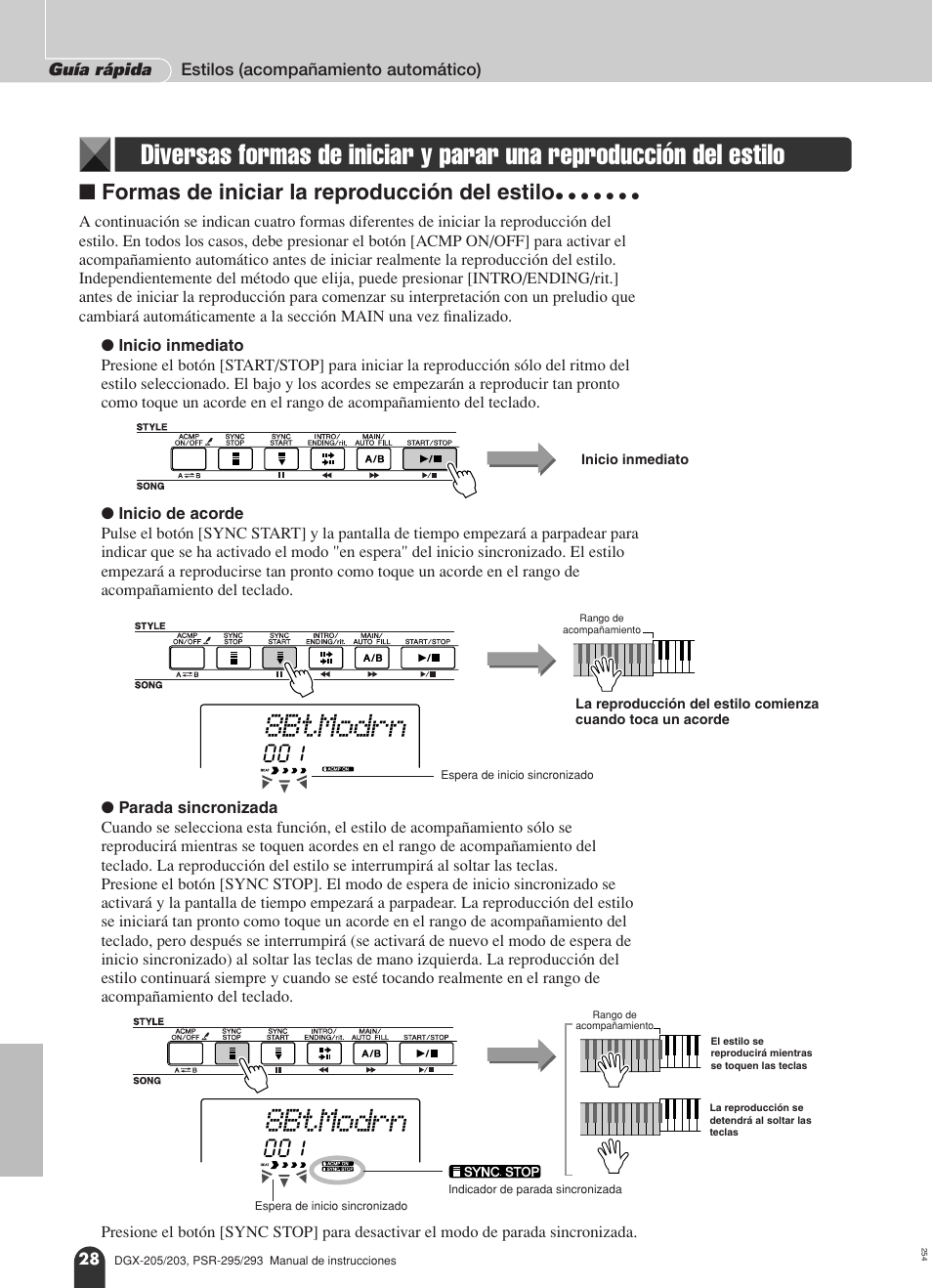 Del estilo, 8btmodrn, Formas de iniciar la reproducción del estilo | Yamaha Portable Grand PSR-295 User Manual | Page 28 / 98