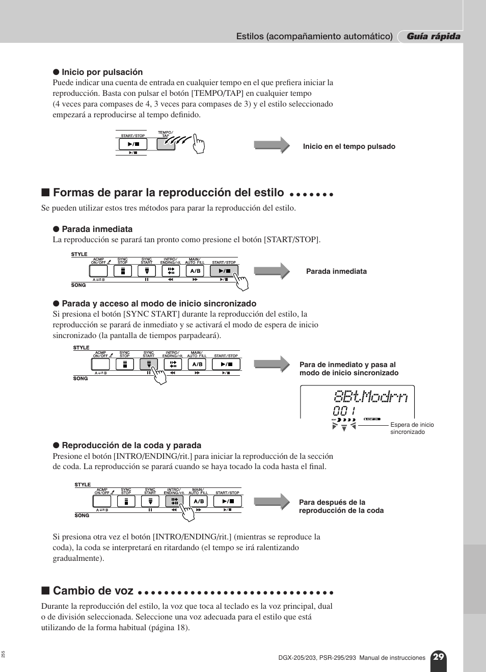 8btmodrn, Formas de parar la reproducción del estilo, Cambio de voz | Yamaha Portable Grand PSR-295 User Manual | Page 29 / 98