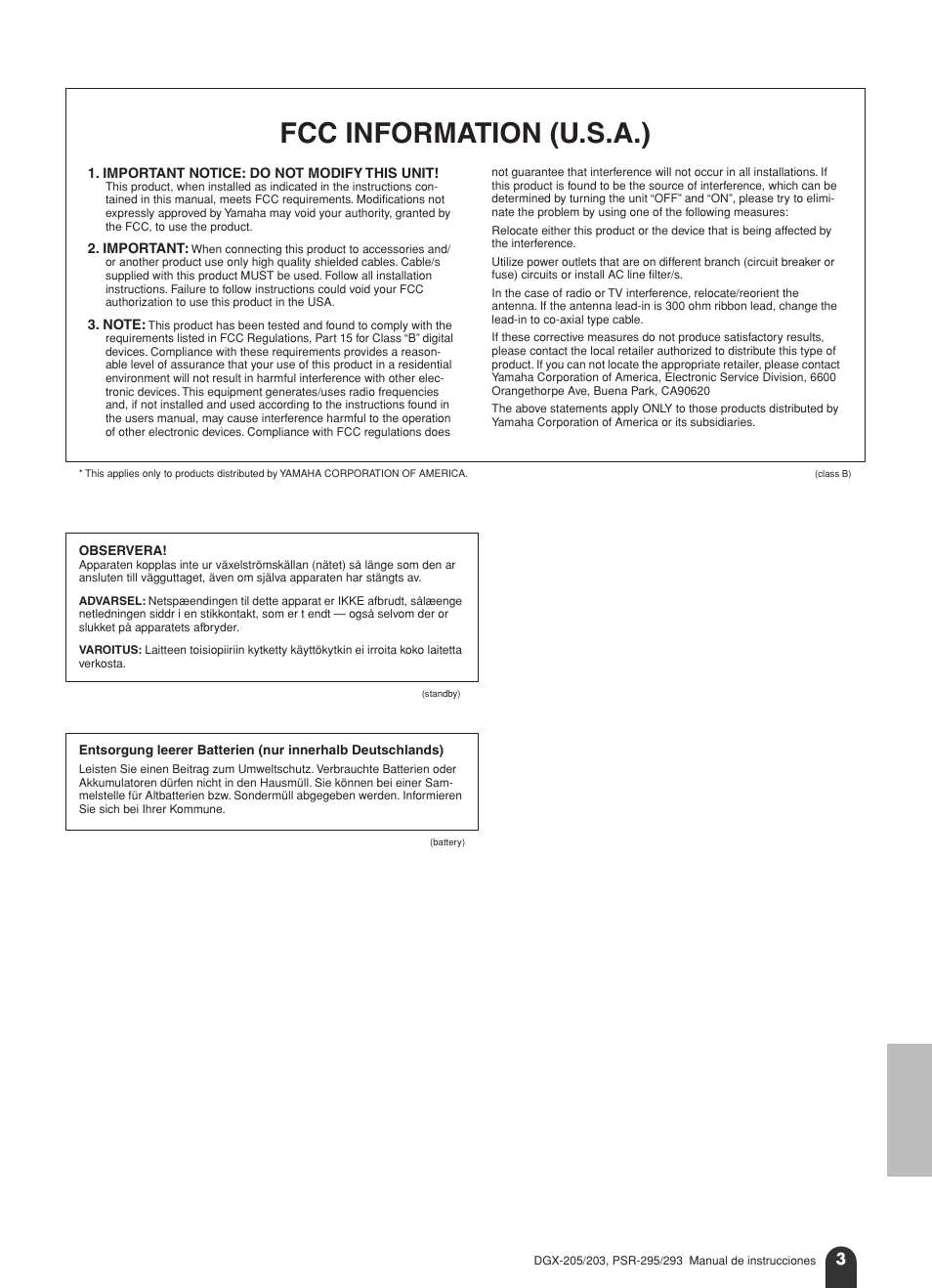 Fcc information (u.s.a.) | Yamaha Portable Grand PSR-295 User Manual | Page 3 / 98