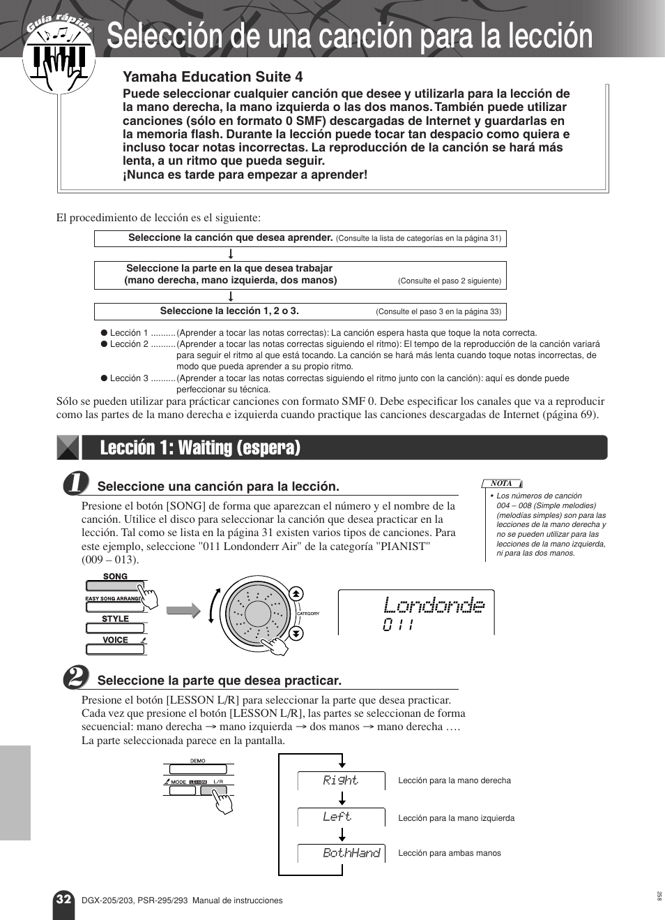 Selección de una canción para la lección, Lección 1: waiting (espera), Londonde | Yamaha Portable Grand PSR-295 User Manual | Page 32 / 98