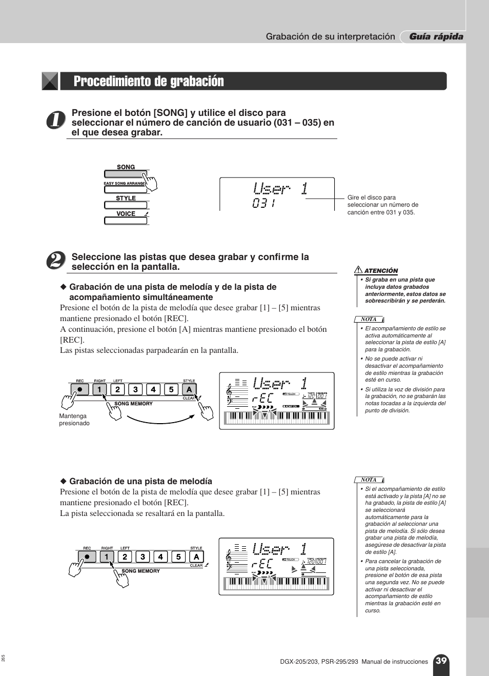 Procedimiento de grabación, User 1 | Yamaha Portable Grand PSR-295 User Manual | Page 39 / 98