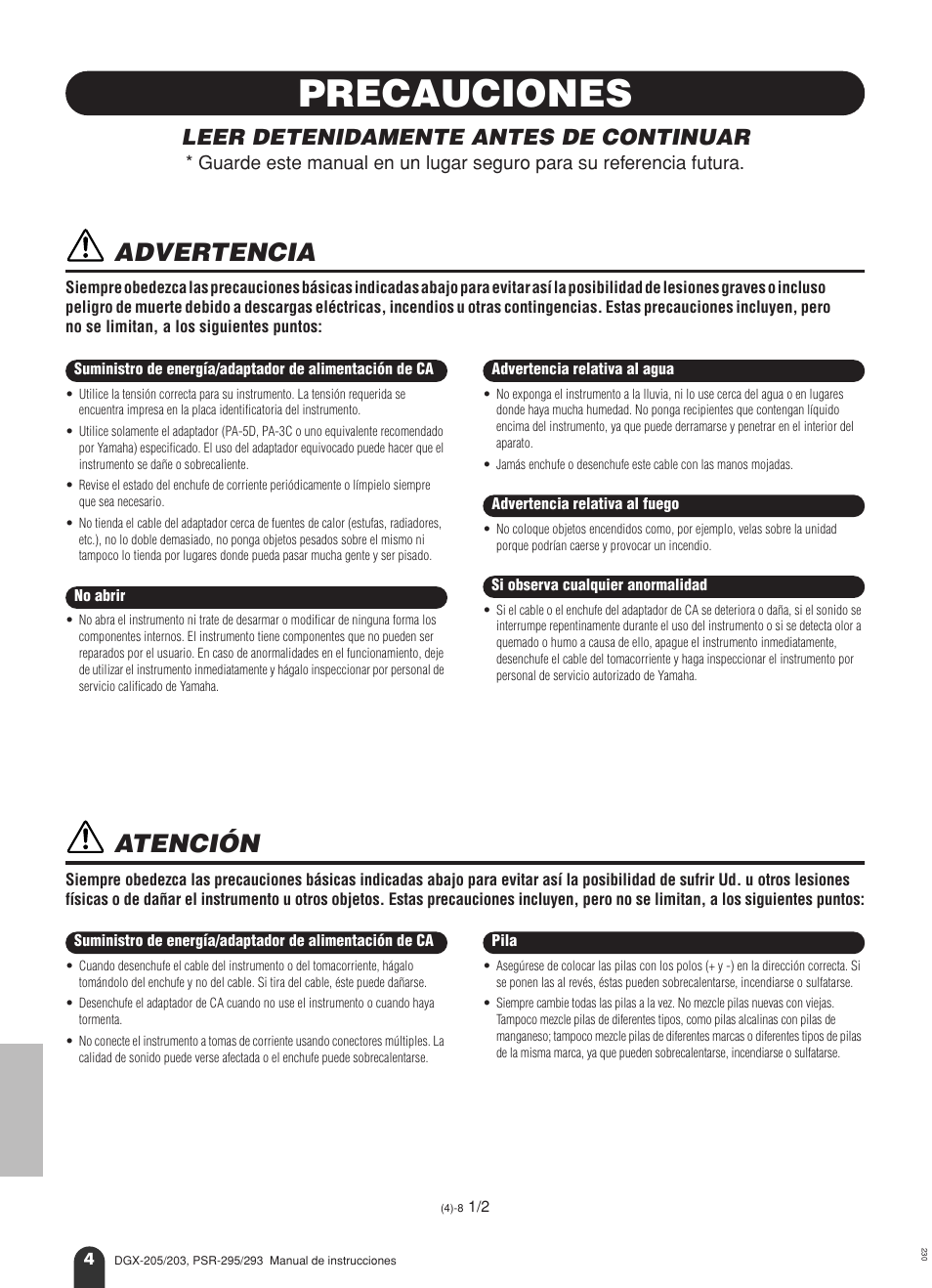 Precauciones, Advertencia, Atención | Leer detenidamente antes de continuar | Yamaha Portable Grand PSR-295 User Manual | Page 4 / 98