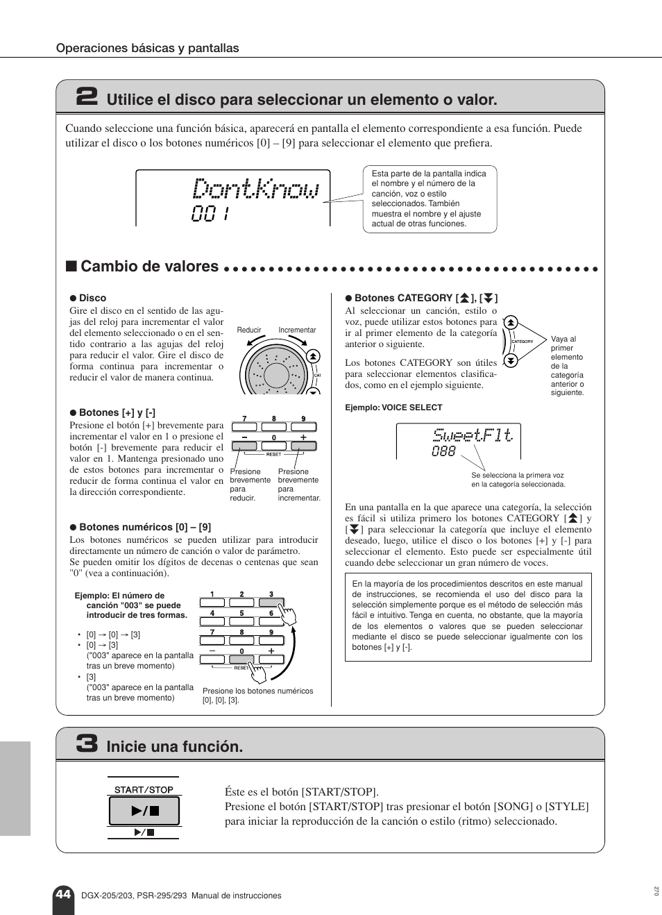 Dontknow, Sweetflt, Cambio de valores | Inicie una función | Yamaha Portable Grand PSR-295 User Manual | Page 44 / 98