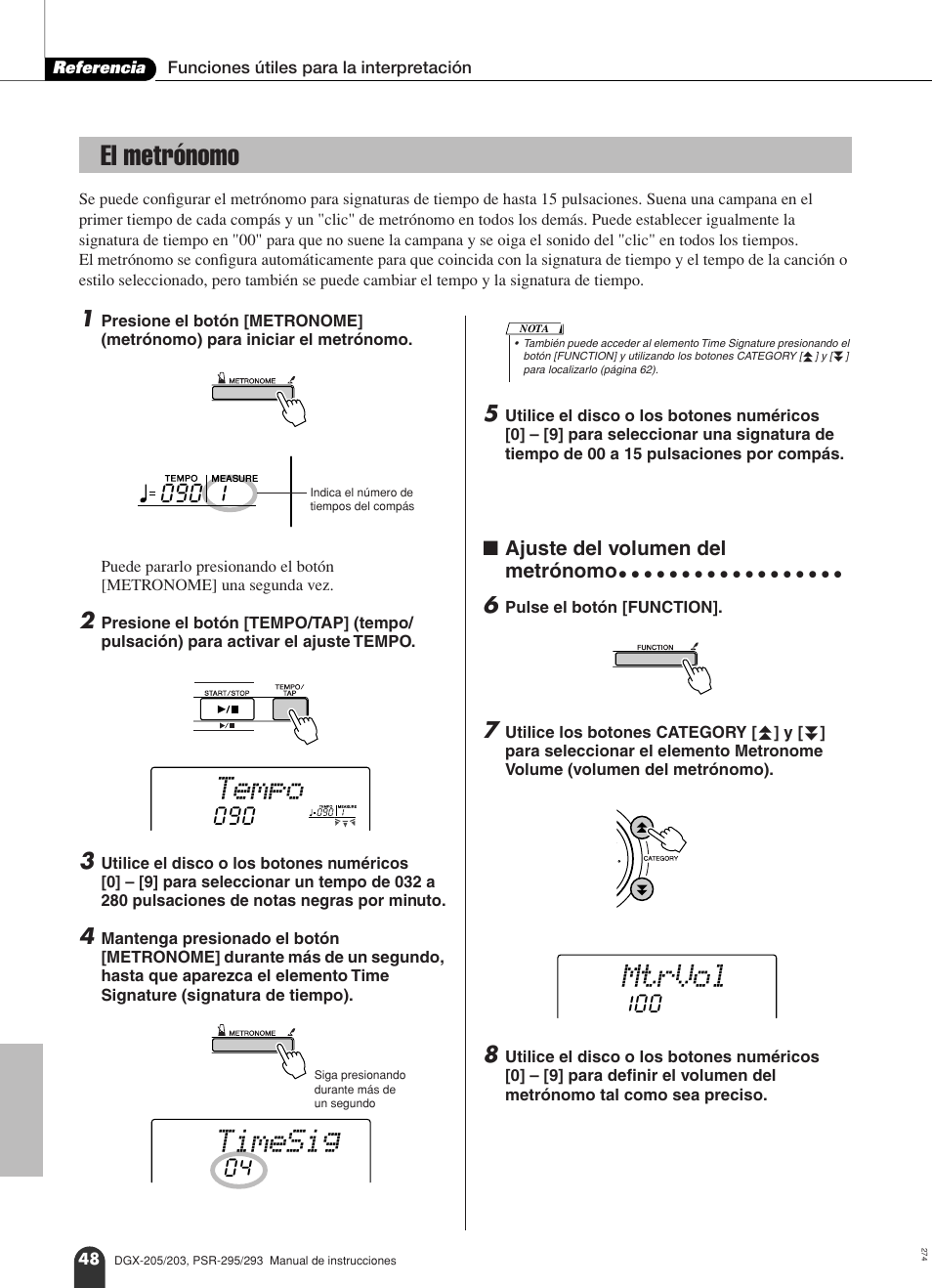 El metrónomo, Tempo, Timesig | Mtrvol | Yamaha Portable Grand PSR-295 User Manual | Page 48 / 98