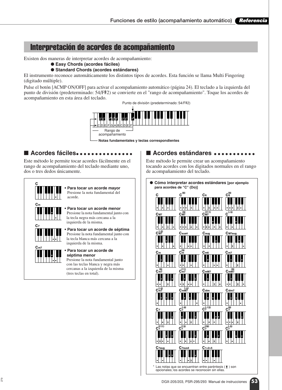 Interpretación de acordes de acompañamiento, Acordes fáciles, Acordes estándares | Cómo interpretar acordes estándares | Yamaha Portable Grand PSR-295 User Manual | Page 53 / 98