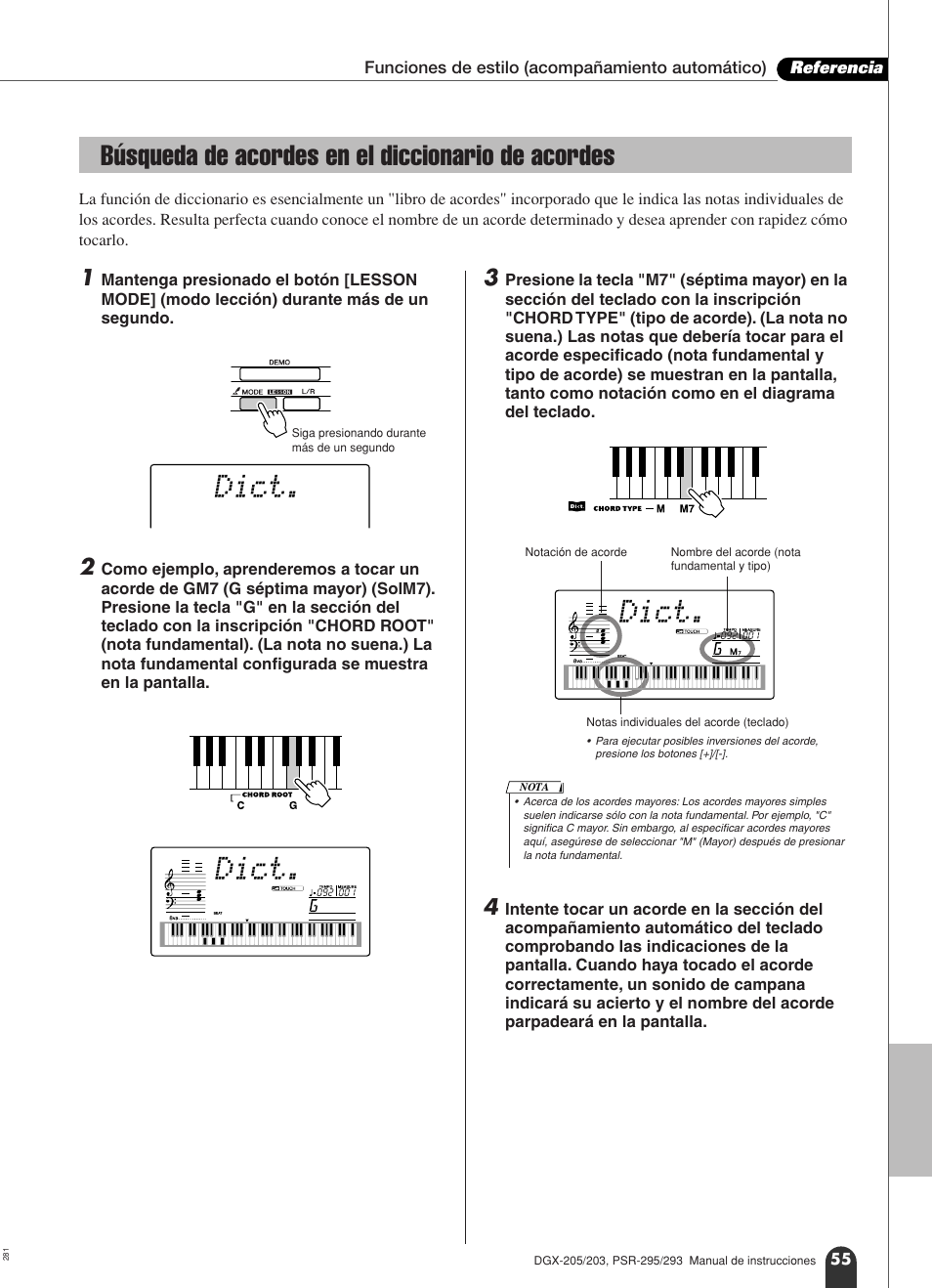 Búsqueda de acordes en el diccionario de acordes, Dict | Yamaha Portable Grand PSR-295 User Manual | Page 55 / 98