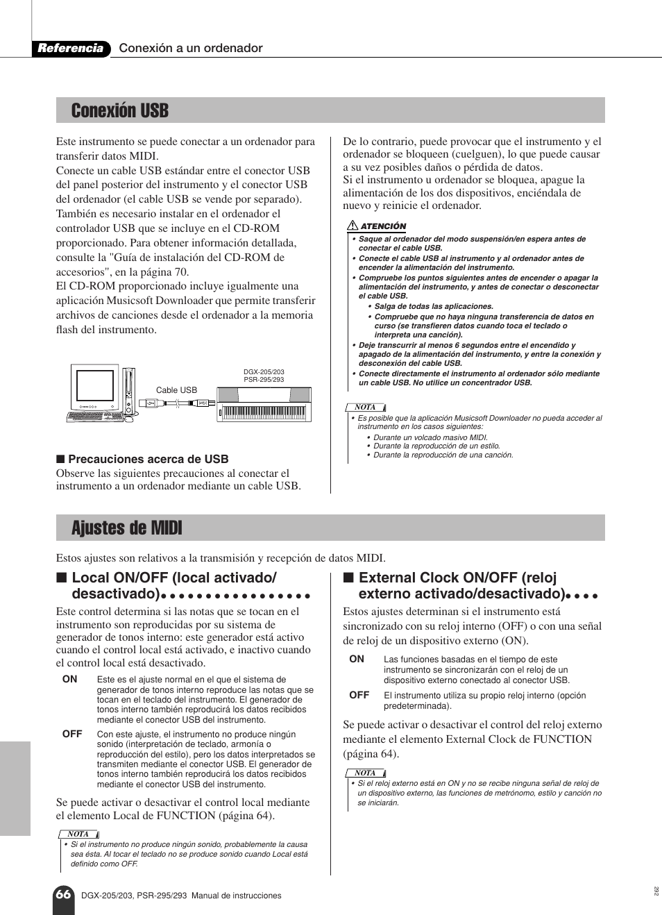 Conexión usb ajustes de midi, Conexión usb, Ajustes de midi | Local on/off (local activado/ desactivado), Referencia conexión a un ordenador | Yamaha Portable Grand PSR-295 User Manual | Page 66 / 98