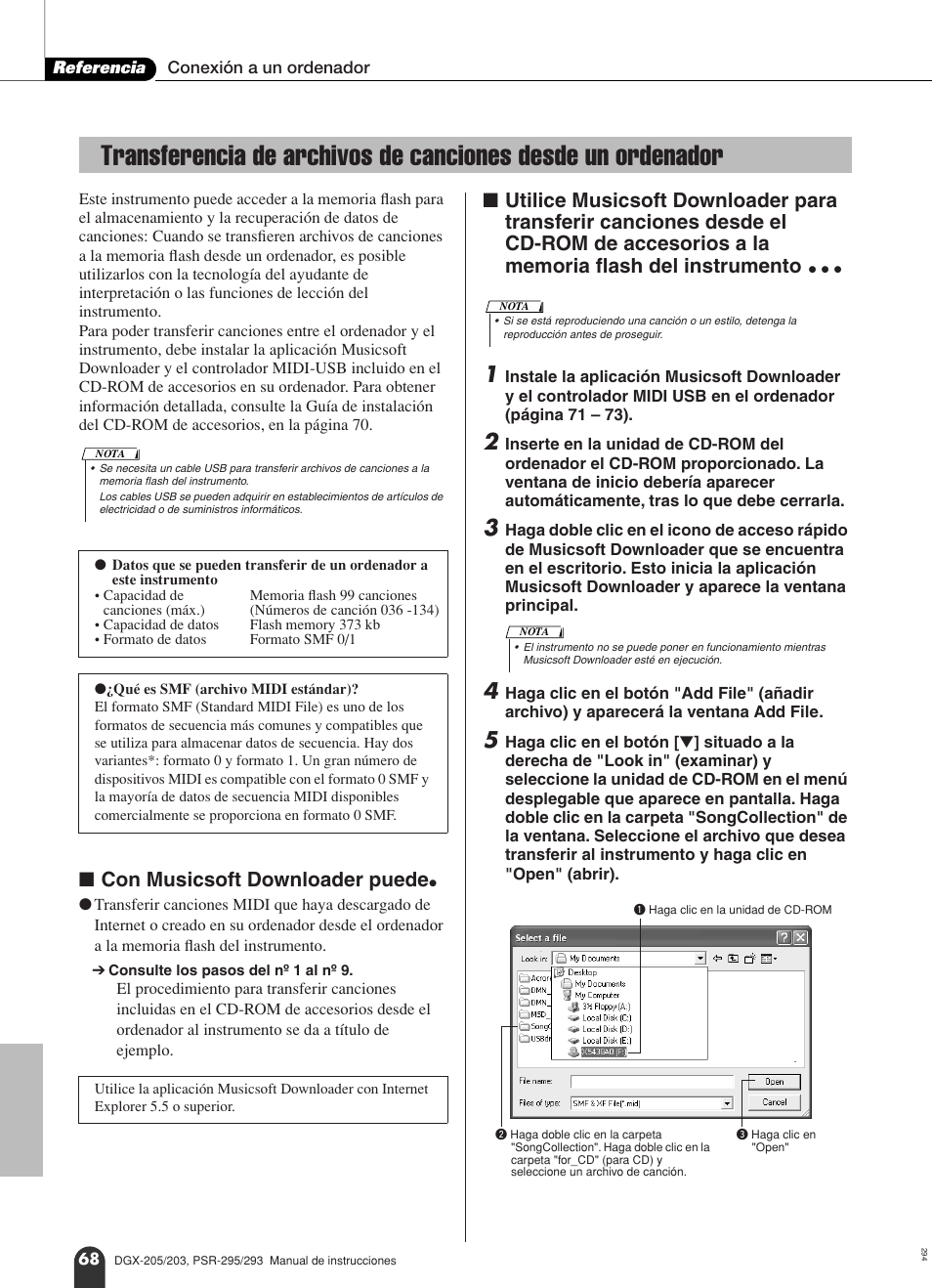 Transferencia de archivos de canciones desde, Un ordenador, Con musicsoft downloader puede | Yamaha Portable Grand PSR-295 User Manual | Page 68 / 98