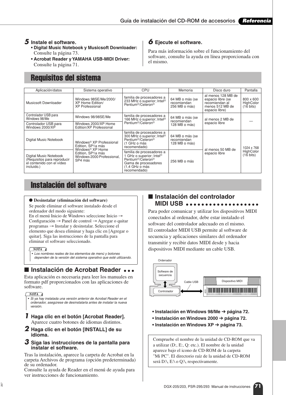 Requisitos del sistema instalación del software, 71 par, Requisitos del sistema | Instalación del software, Instalación de acrobat reader, Instalación del controlador midi usb | Yamaha Portable Grand PSR-295 User Manual | Page 71 / 98