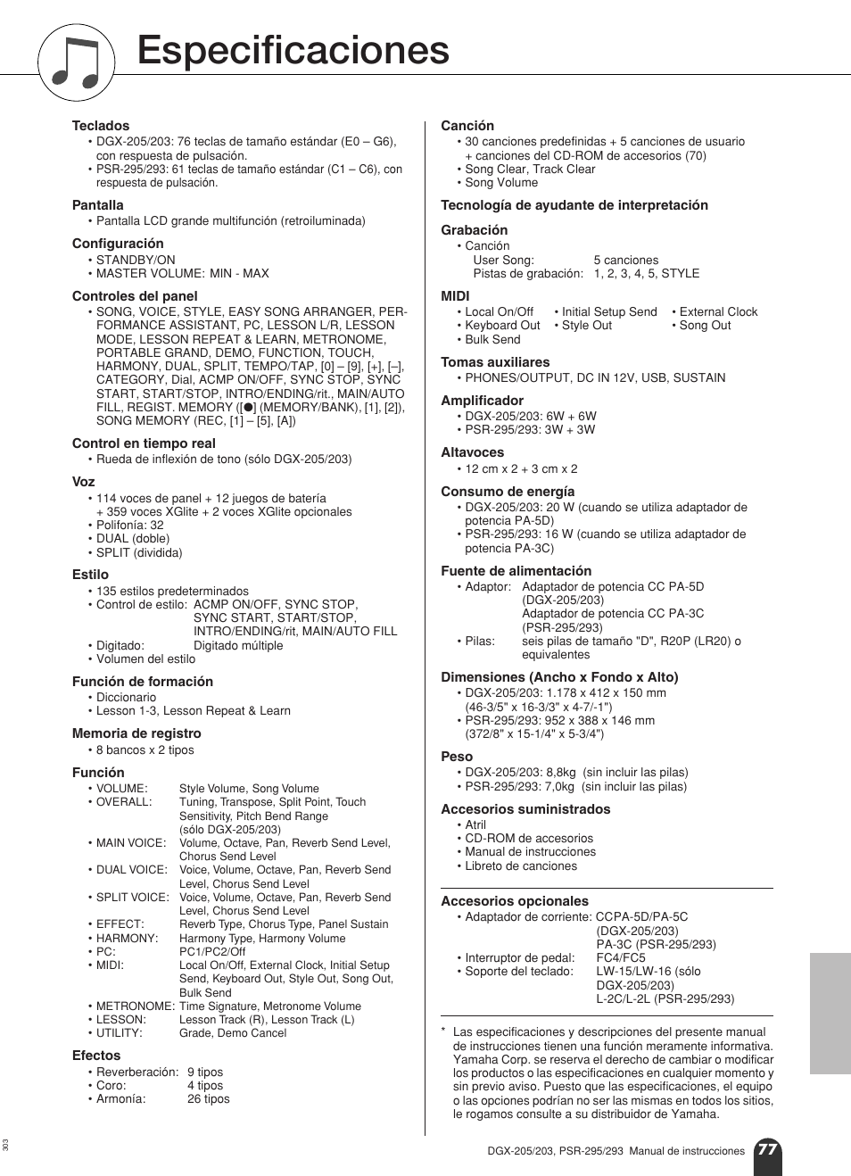 Especificaciones | Yamaha Portable Grand PSR-295 User Manual | Page 77 / 98