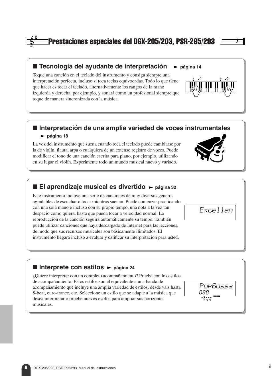 Excellen, Popbossa, Tecnología del ayudante de interpretación | El aprendizaje musical es divertido, Interprete con estilos | Yamaha Portable Grand PSR-295 User Manual | Page 8 / 98