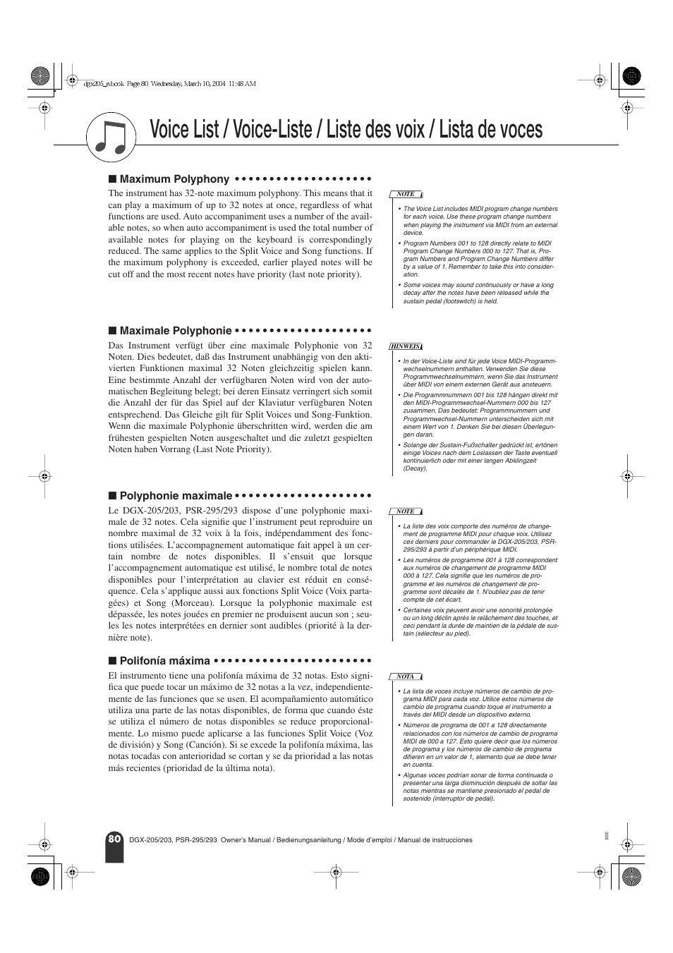 Lista de voces, Maximum polyphony, Maximale polyphonie | Polyphonie maximale, Polifonía máxima | Yamaha Portable Grand PSR-295 User Manual | Page 80 / 98