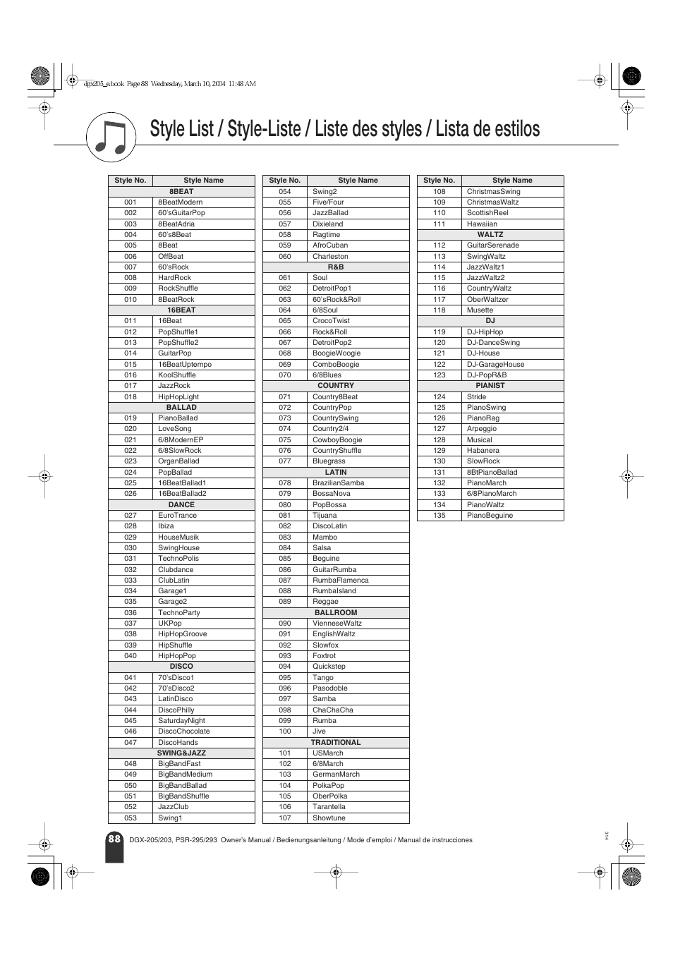 Lista de estilos | Yamaha Portable Grand PSR-295 User Manual | Page 88 / 98