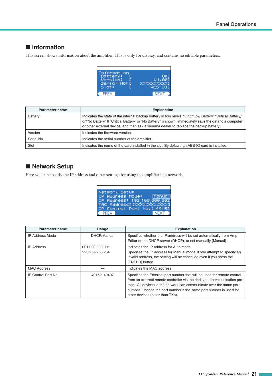 Information, Network setup, Panel operations | Yamaha TX5n User Manual | Page 21 / 60