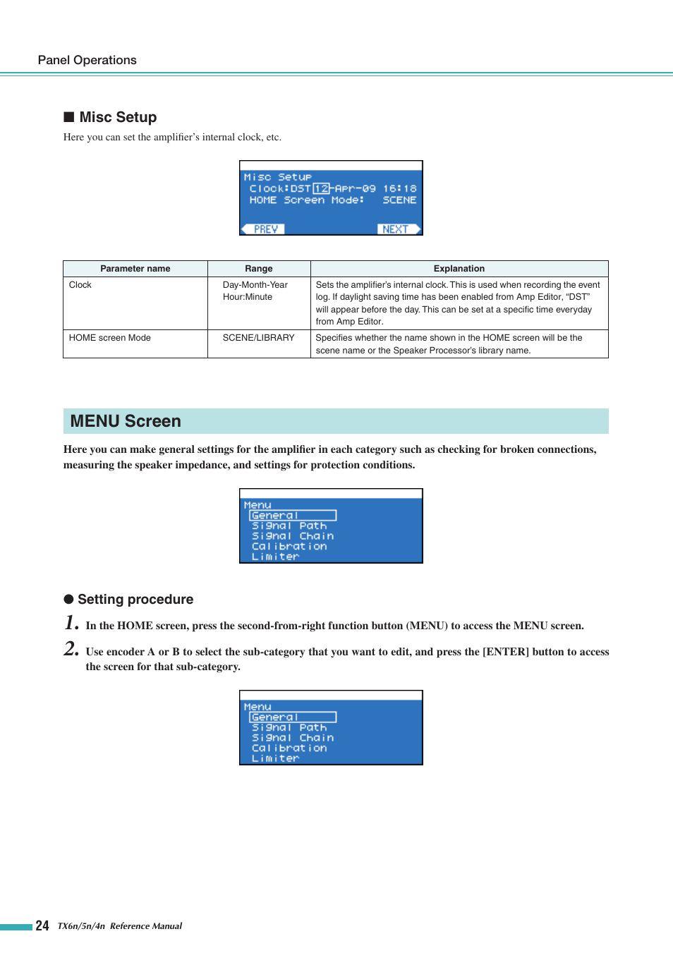 Misc setup, Menu screen | Yamaha TX5n User Manual | Page 24 / 60