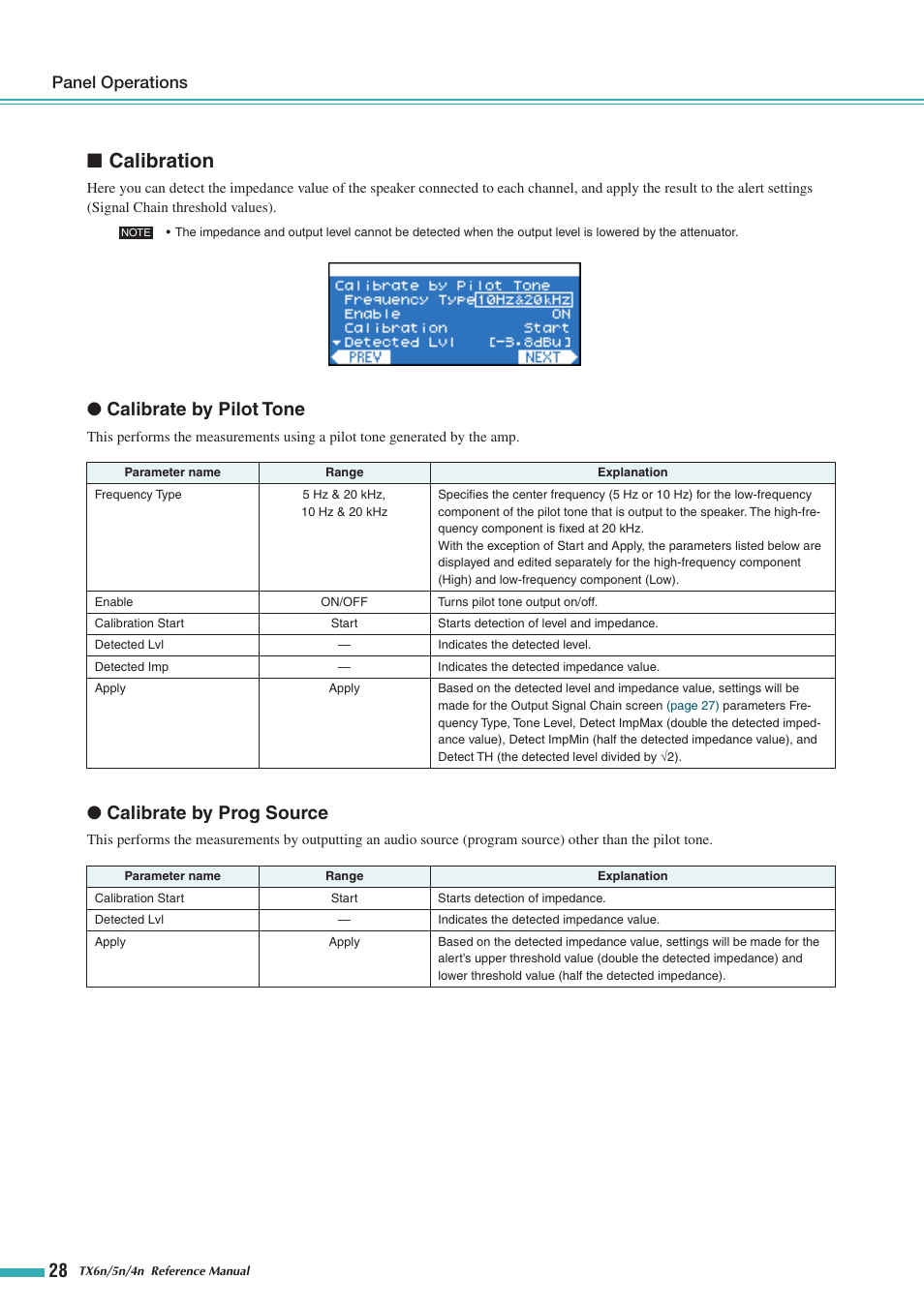 Calibration, Calibrate by pilot tone, Calibrate by prog source | Panel operations | Yamaha TX5n User Manual | Page 28 / 60