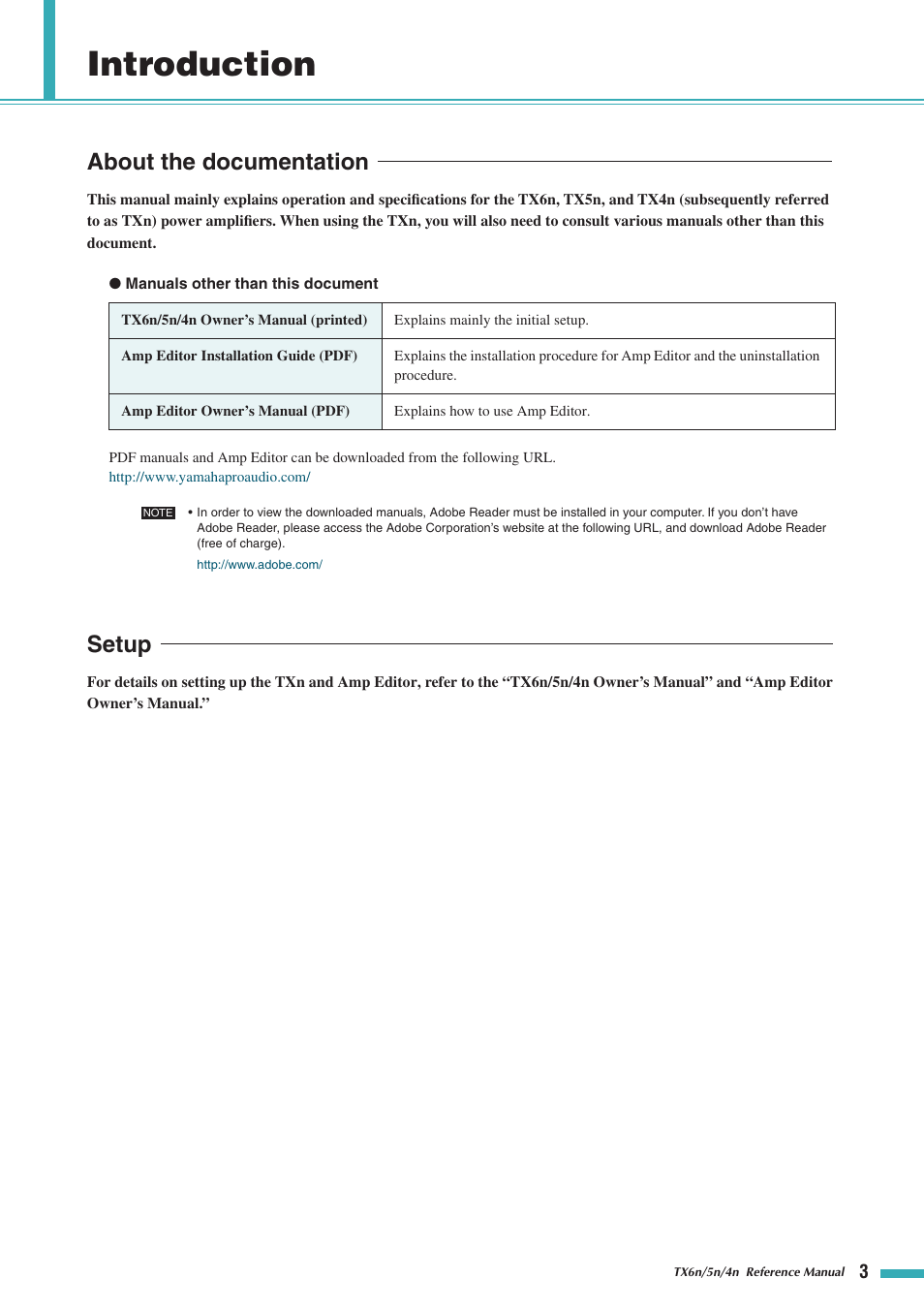 Introduction, About the documentation, Setup | Yamaha TX5n User Manual | Page 3 / 60