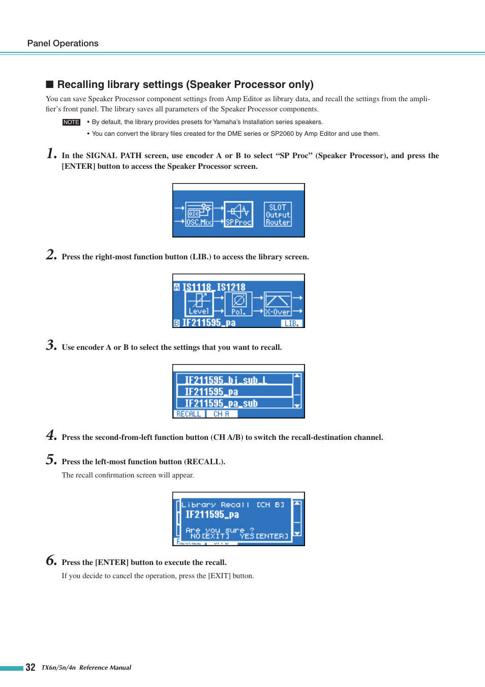 Recalling library settings, Speaker processor only) | Yamaha TX5n User Manual | Page 32 / 60