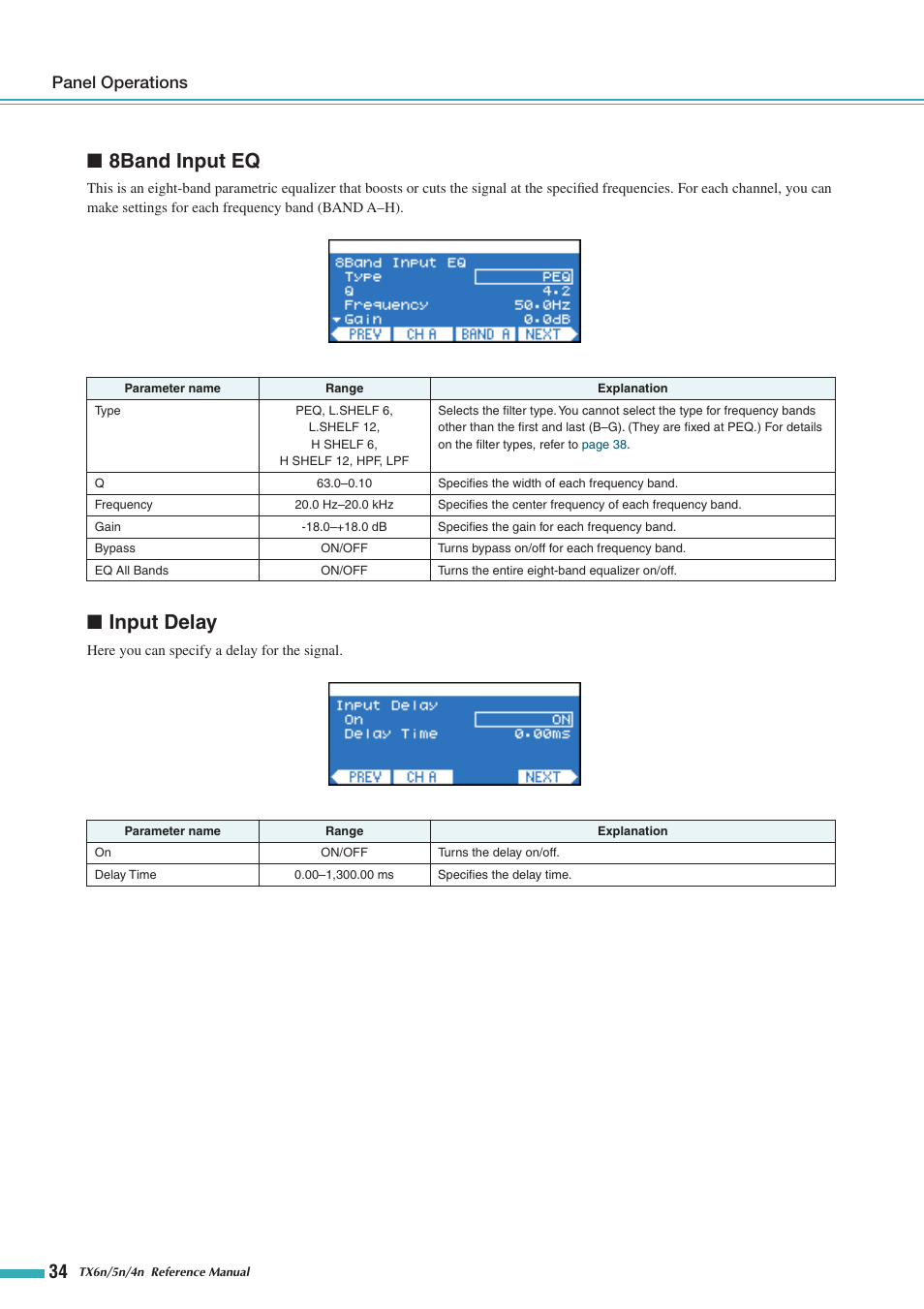 8band input eq, Input delay, Panel operations | Yamaha TX5n User Manual | Page 34 / 60