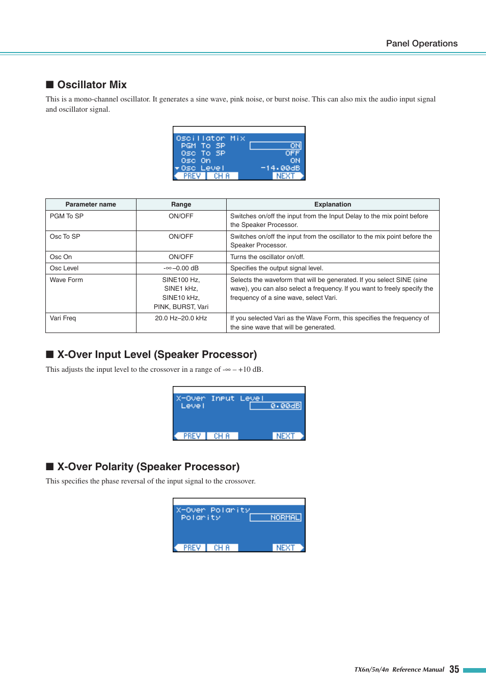 Oscillator mix, X-over input level (speaker processor), X-over polarity (speaker processor) | Panel operations | Yamaha TX5n User Manual | Page 35 / 60