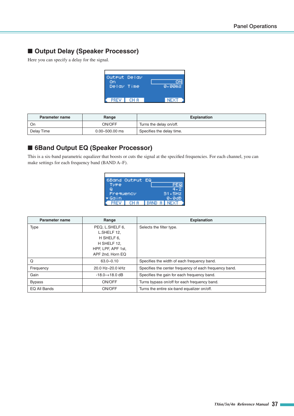 Output delay (speaker processor), 6band output eq (speaker processor), Panel operations | Yamaha TX5n User Manual | Page 37 / 60