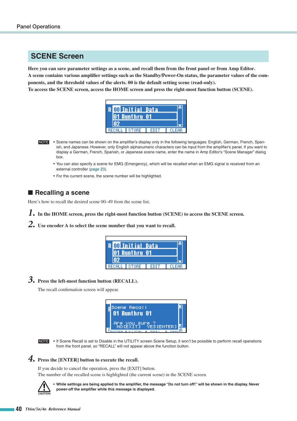 Scene screen, Recalling a scene | Yamaha TX5n User Manual | Page 40 / 60