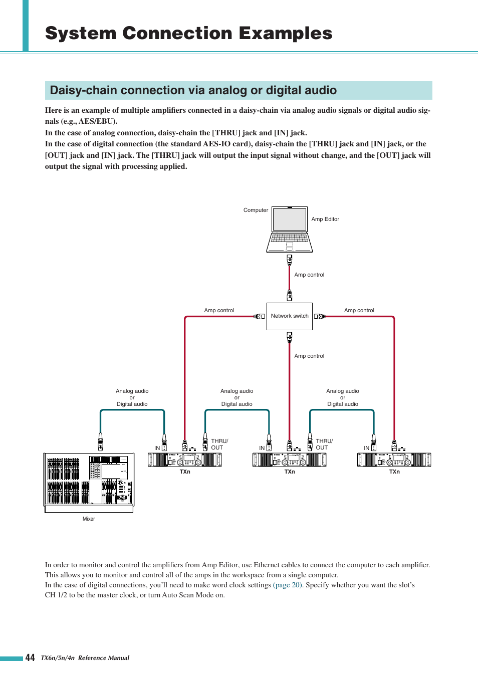 System connection examples, Daisy-chain connection via analog or digital audio, Daisy-chain connection via analog or | Digital audio | Yamaha TX5n User Manual | Page 44 / 60