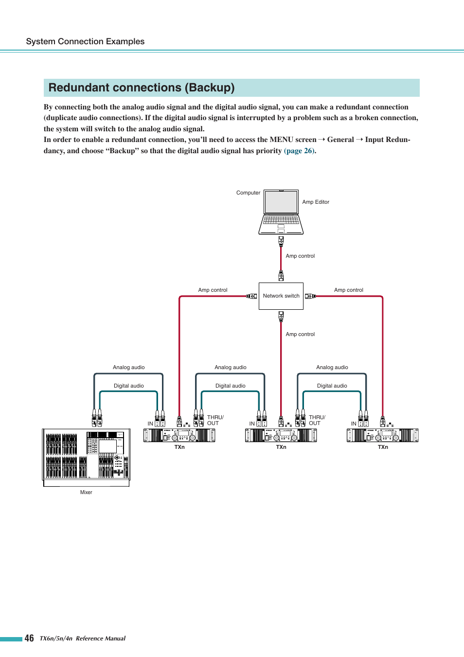Redundant connections (backup), System connection examples | Yamaha TX5n User Manual | Page 46 / 60