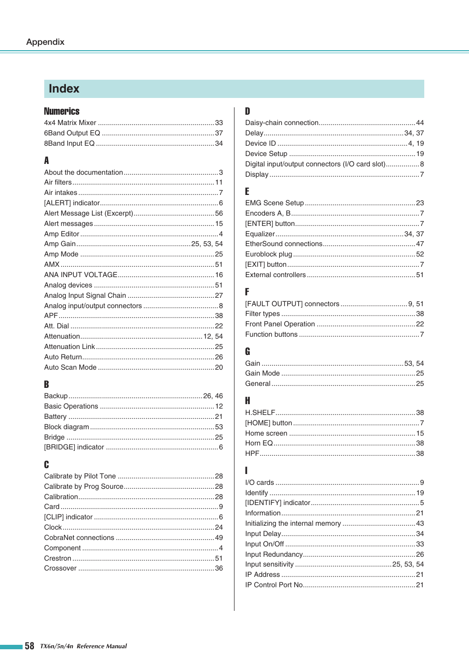 Index, Numerics | Yamaha TX5n User Manual | Page 58 / 60