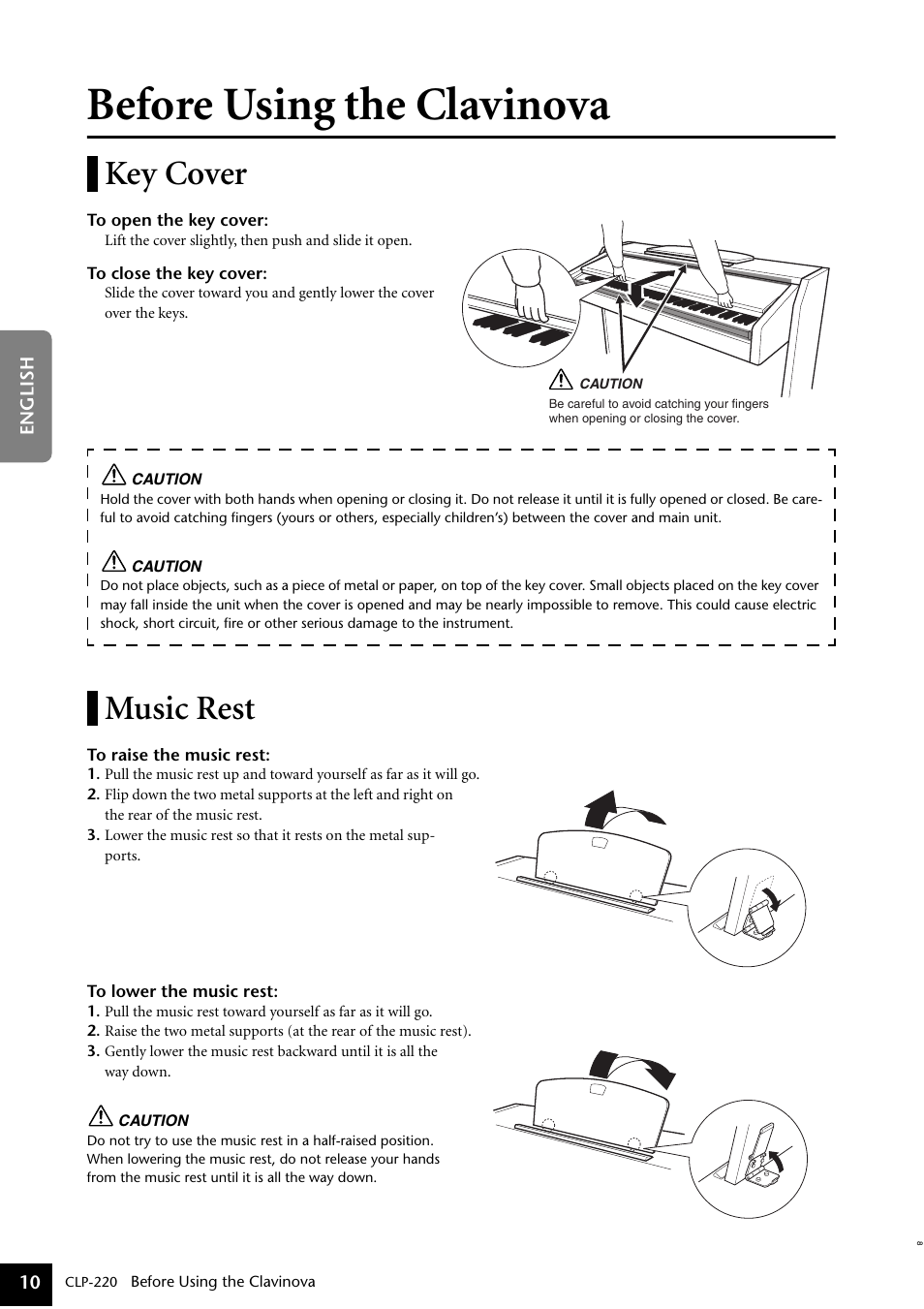 Before using the clavinova, Key cover, Music rest | Key cover music rest | Yamaha CLP-220 User Manual | Page 10 / 50