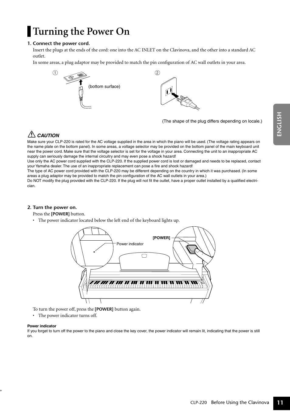 Turning the power on | Yamaha CLP-220 User Manual | Page 11 / 50