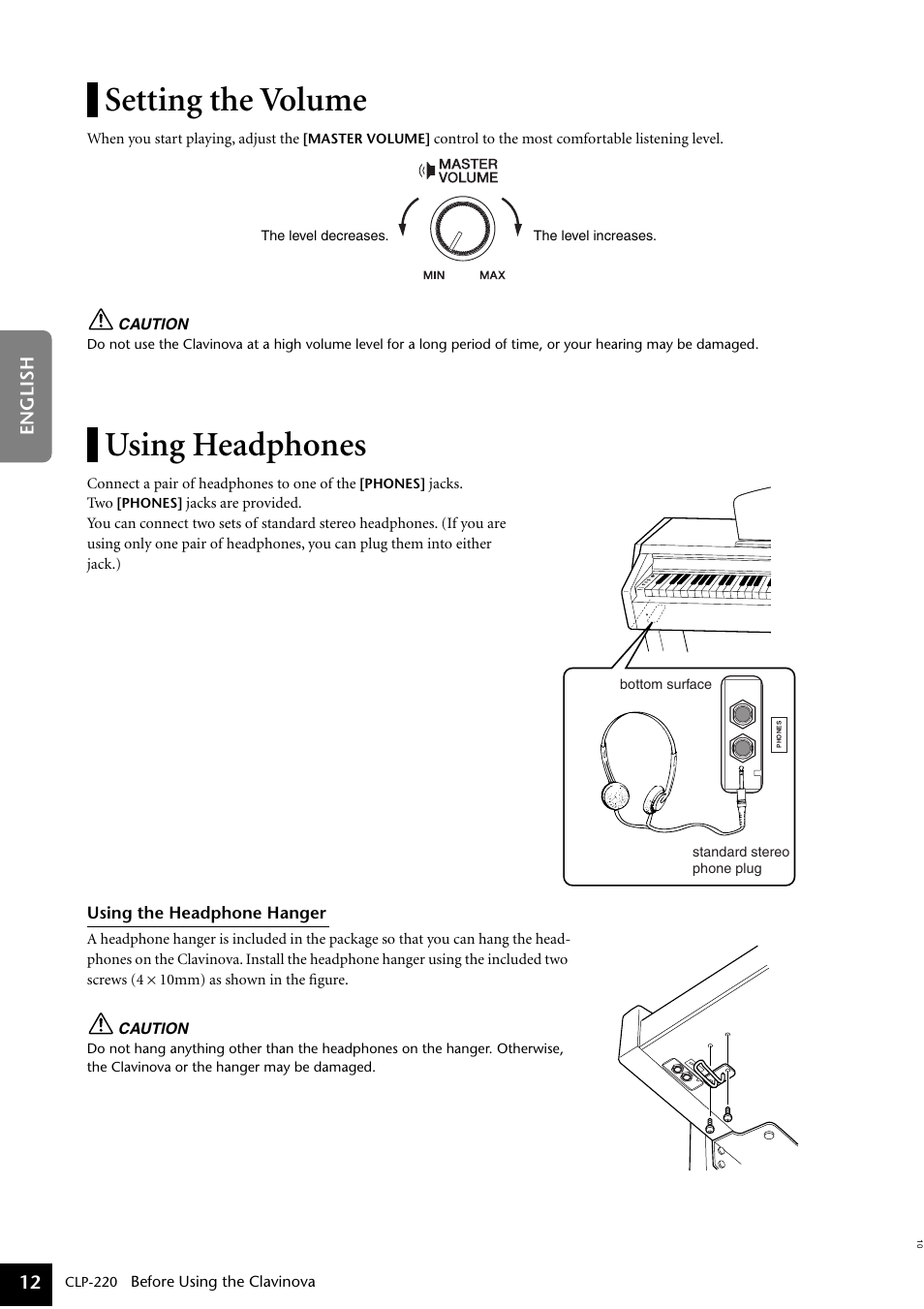 Setting the volume, Using headphones, Setting the volume using headphones | 12 english | Yamaha CLP-220 User Manual | Page 12 / 50