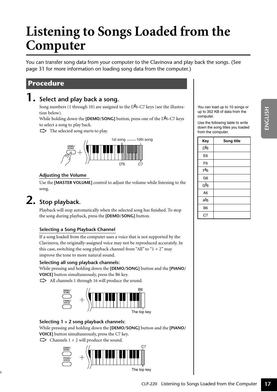 Listening to songs loaded from the computer, Listening to songs loaded from the, Computer | Procedure, Select and play back a song, Stop playback | Yamaha CLP-220 User Manual | Page 17 / 50