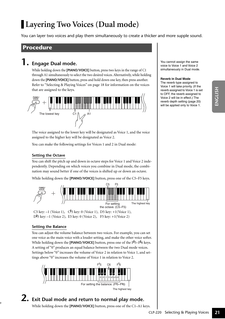 Layering two voices (dual mode), Procedure, Engage dual mode | Exit dual mode and return to normal play mode, 21 english | Yamaha CLP-220 User Manual | Page 21 / 50