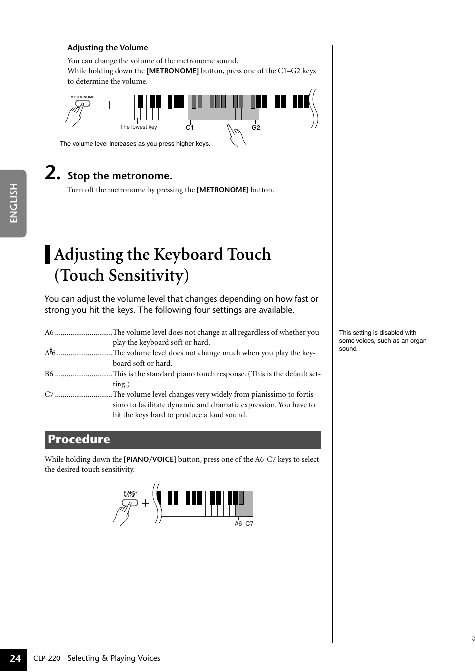 Adjusting the keyboard touch (touch sensitivity), Adjusting the keyboard touch, Touch sensitivity) | Procedure, Stop the metronome | Yamaha CLP-220 User Manual | Page 24 / 50