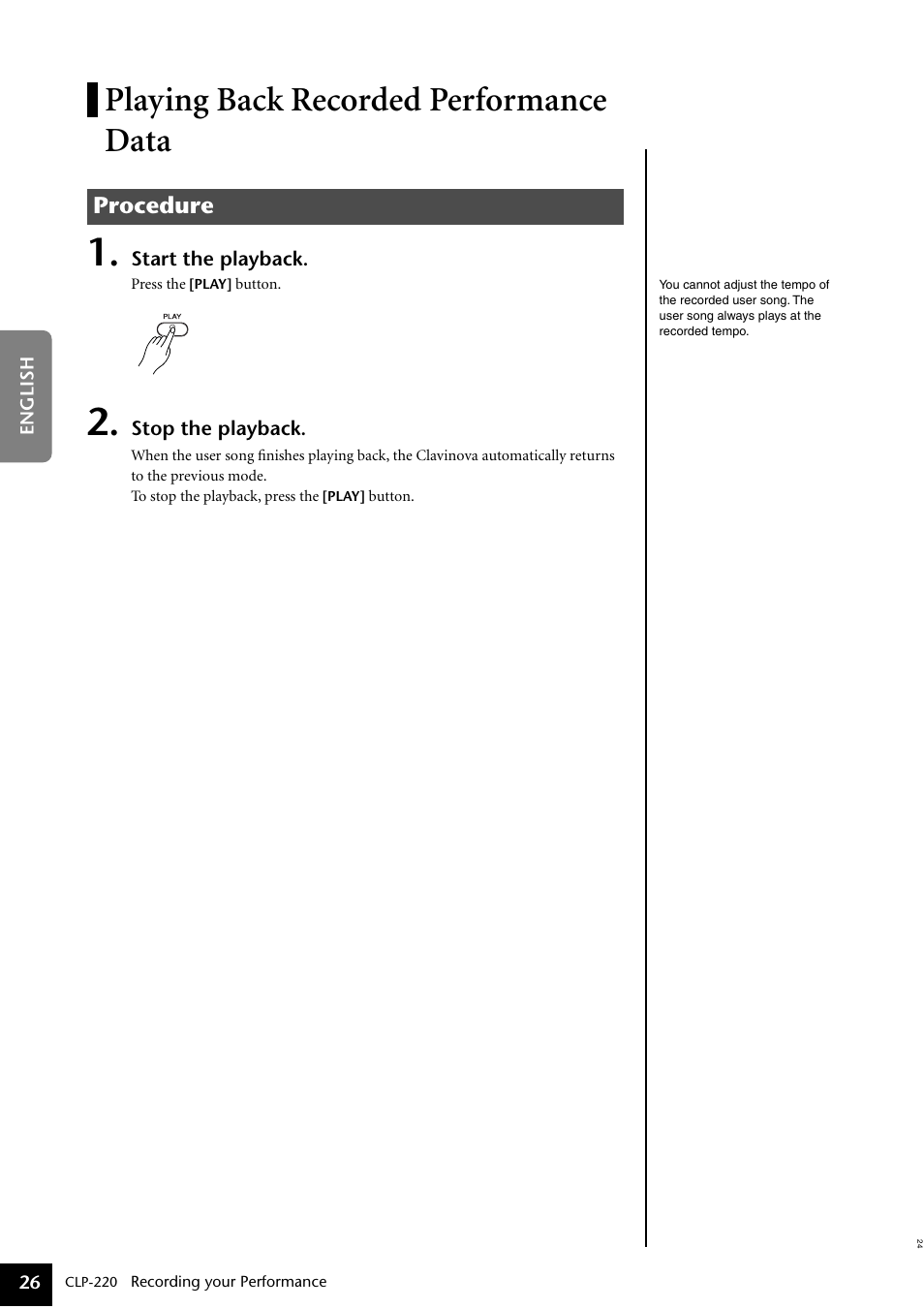 Playing back recorded performance data, Procedure | Yamaha CLP-220 User Manual | Page 26 / 50