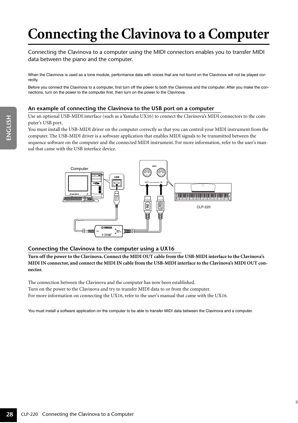 Connecting the clavinova to a computer, 28 english | Yamaha CLP-220 User Manual | Page 28 / 50