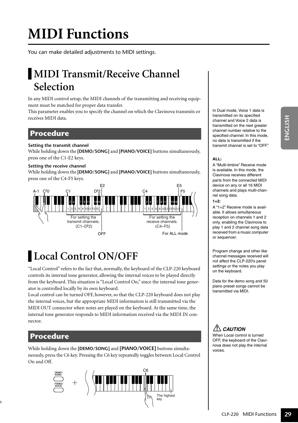 Midi functions, Midi transmit/receive channel selection, Local control on/off | Procedure, 29 english | Yamaha CLP-220 User Manual | Page 29 / 50